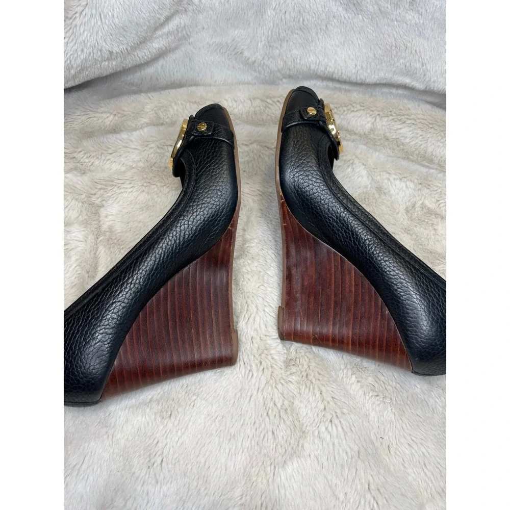 Tory Burch Womens Peep Toe Wedge Heels Logo Medallion Black 7.5